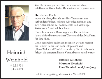 Traueranzeige von Heinrich Weinhold von Siegener Zeitung