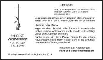 Traueranzeige von Heinrich Womelsdorf von Siegener Zeitung