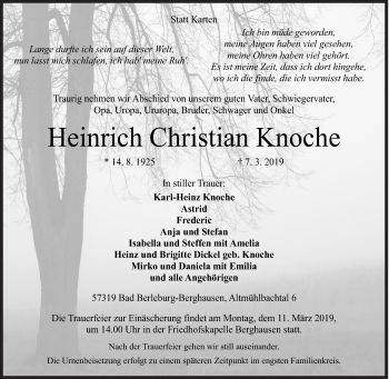 Traueranzeige von Heinrich Christian Knoche von Siegener Zeitung