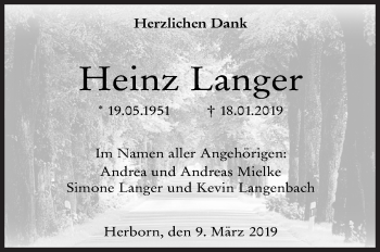 Traueranzeige von Heinz Langer von Siegener Zeitung