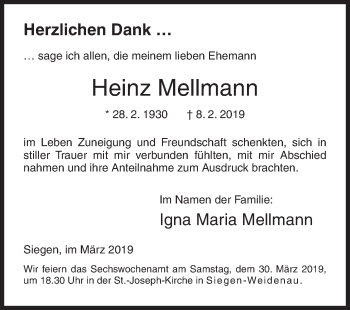 Traueranzeige von Heinz Mellmann von Siegener Zeitung