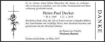 Traueranzeige von Heinz-Paul Decker von Siegener Zeitung