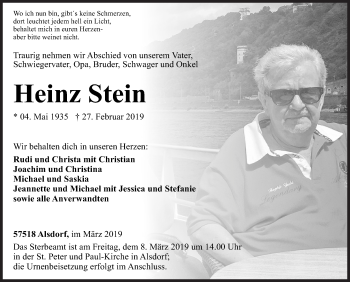 Traueranzeige von Heinz Stein von Siegener Zeitung
