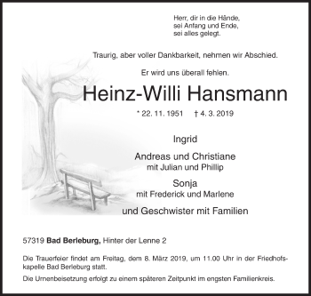 Traueranzeige von Heinz-Willi Hansmann von Siegener Zeitung