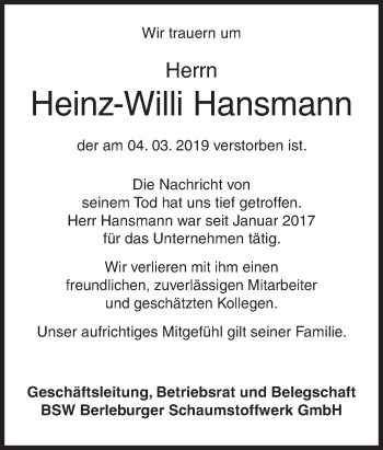 Traueranzeige von Heinz-Willi Hansmann von Siegener Zeitung