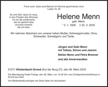 Traueranzeige von Helene Menn von Siegener Zeitung