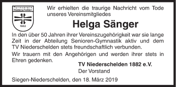 Traueranzeige von Helga Sänger von Siegener Zeitung