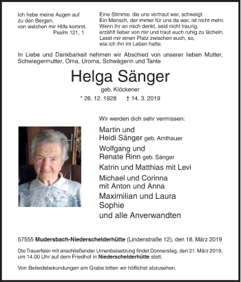 Traueranzeige von Helga Sänger von Siegener Zeitung