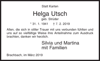 Traueranzeige von Helga Utsch von Siegener Zeitung