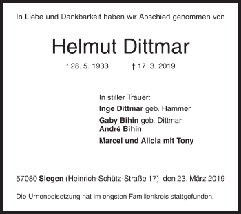 Traueranzeige von Helmut Dittmar von Siegener Zeitung