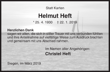 Traueranzeige von Helmut Heft von Siegener Zeitung