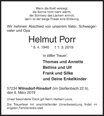 Traueranzeige von Helmut Porr von Siegener Zeitung