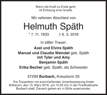 Traueranzeige von Helmuth Späth von Siegener Zeitung