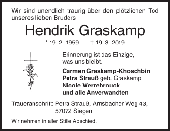 Traueranzeige von Hendrik Graskamp von Siegener Zeitung