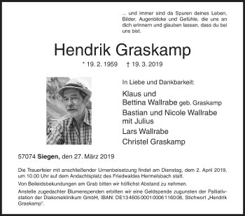 Traueranzeige von Hendrik Graskamp von Siegener Zeitung