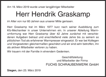 Traueranzeige von Hendrik Graskamp von Siegener Zeitung