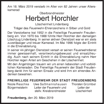 Traueranzeige von Herbert Horchler von Siegener Zeitung