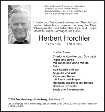 Traueranzeige von Herbert Horchler von Siegener Zeitung