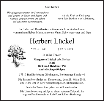 Traueranzeige von Herbert Lückel von Siegener Zeitung