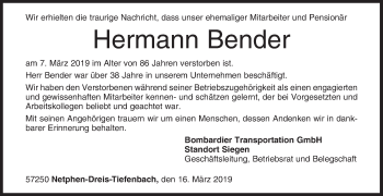 Traueranzeige von Hermann Bender von Siegener Zeitung