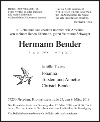 Traueranzeige von Hermann Bender von Siegener Zeitung