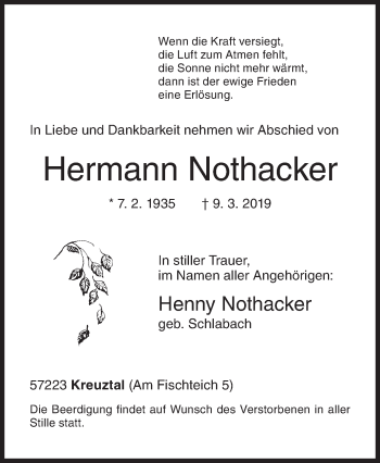 Traueranzeige von Hermann Nothacker von Siegener Zeitung