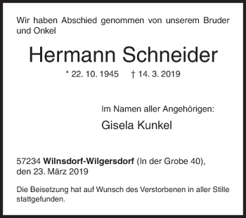 Traueranzeige von Hermann Schneider von Siegener Zeitung