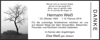 Traueranzeige von Hermann Weiß von Siegener Zeitung
