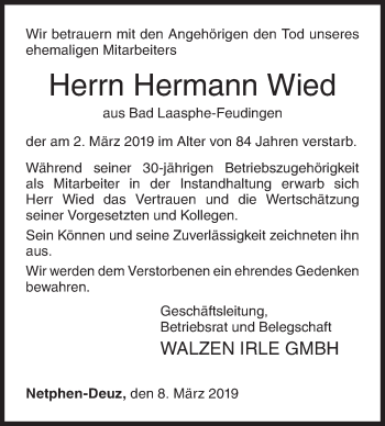 Traueranzeige von Hermann Wied von Siegener Zeitung