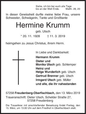 Traueranzeige von Hermine Krumm von Siegener Zeitung