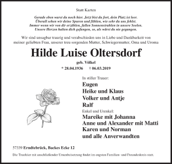 Traueranzeige von Hilde Luise Oltersdorf von Siegener Zeitung
