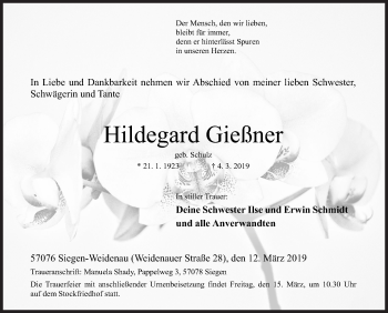 Traueranzeige von Hildegard Gießner von Siegener Zeitung