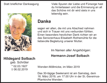 Traueranzeige von Hildegard Solbach von Siegener Zeitung