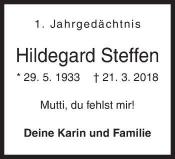 Traueranzeige von Hildegard Steffen von Siegener Zeitung