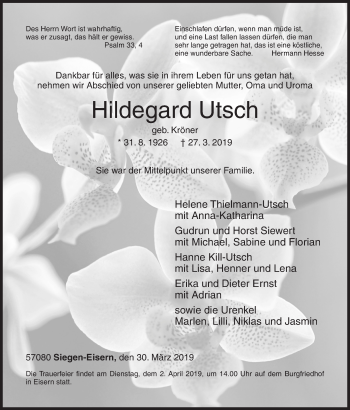 Traueranzeige von Hildegard Utsch von Siegener Zeitung