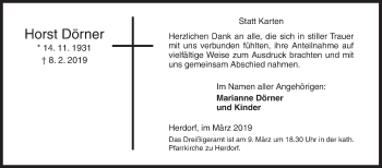 Traueranzeige von Horst Dörner von Siegener Zeitung
