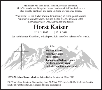 Traueranzeige von Horst Kaiser von Siegener Zeitung