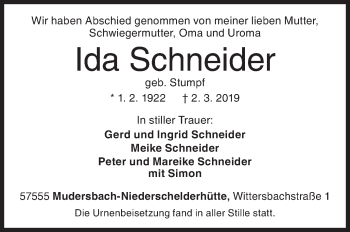 Traueranzeige von Ida Schneider von Siegener Zeitung