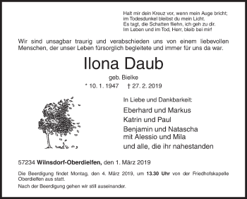 Traueranzeige von Ilona Daub von Siegener Zeitung