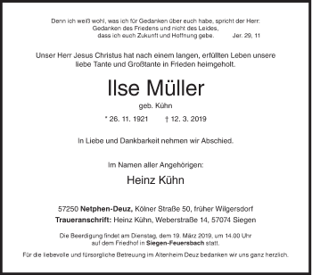 Traueranzeige von Ilse Müller von Siegener Zeitung