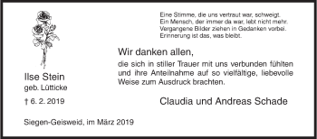 Traueranzeige von Ilse Stein von Siegener Zeitung
