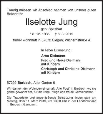 Traueranzeige von Ilselotte Jung von Siegener Zeitung