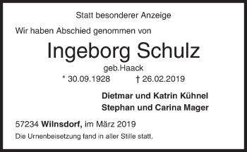 Traueranzeige von Ingeborg Schulz von Siegener Zeitung