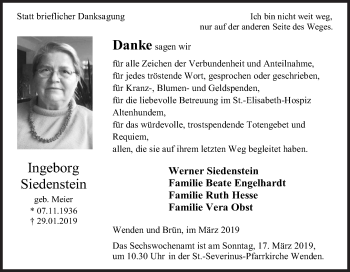 Traueranzeige von Ingeborg Siedenstein von Siegener Zeitung