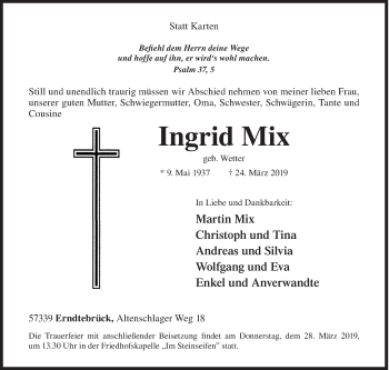 Traueranzeige von Ingrid Mix von Siegener Zeitung