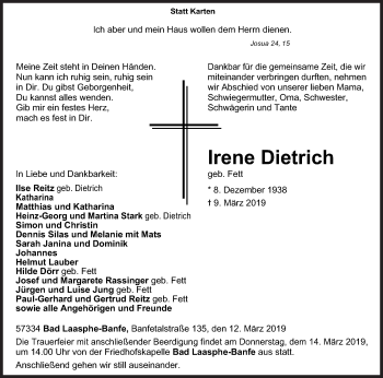 Traueranzeige von Irene Dietrich von Siegener Zeitung