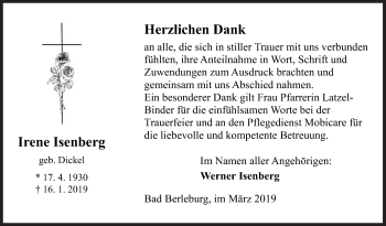 Traueranzeige von Irene Isenberg von Siegener Zeitung