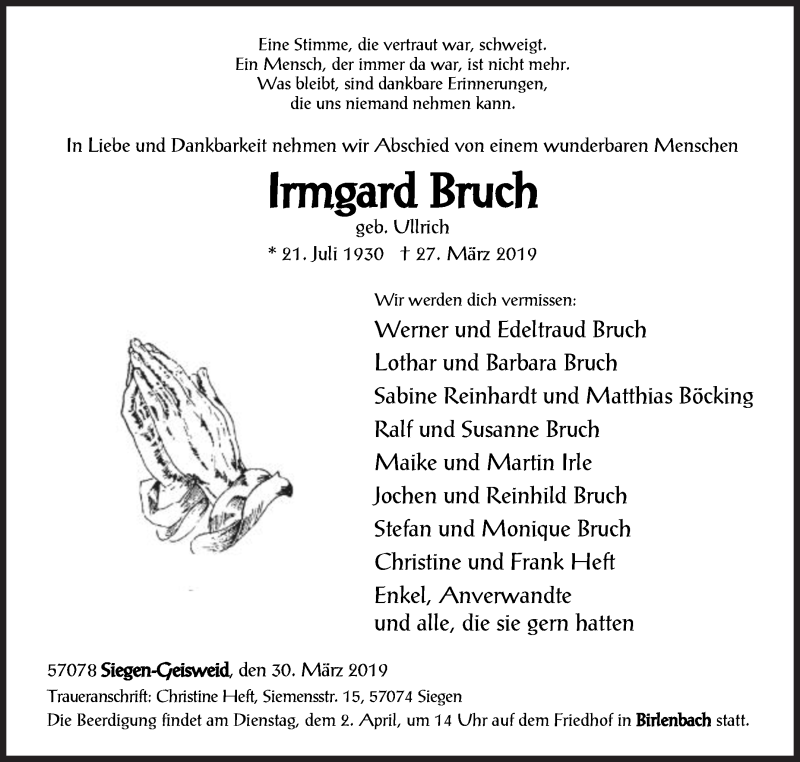  Traueranzeige für Irmgard Bruch vom 30.03.2019 aus Siegener Zeitung