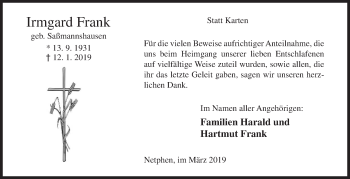 Traueranzeige von Irmgard Frank von Siegener Zeitung