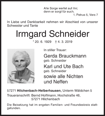 Traueranzeige von Irmgard Schneider von Siegener Zeitung